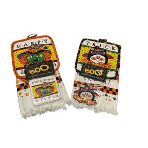 2 VTG Halloween Hand Towel Sets Cat Witch Barth & Dreyfuss Potholders Magnet NOS